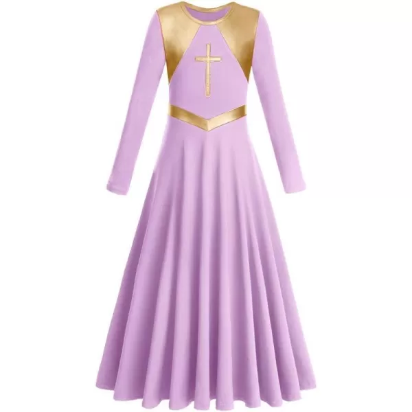 Kids Girls Metallic Cross Praise Dance Dress Liturgical Lyrical Dancewear Color Block Long Sleeve Worship Dance DressesLilac