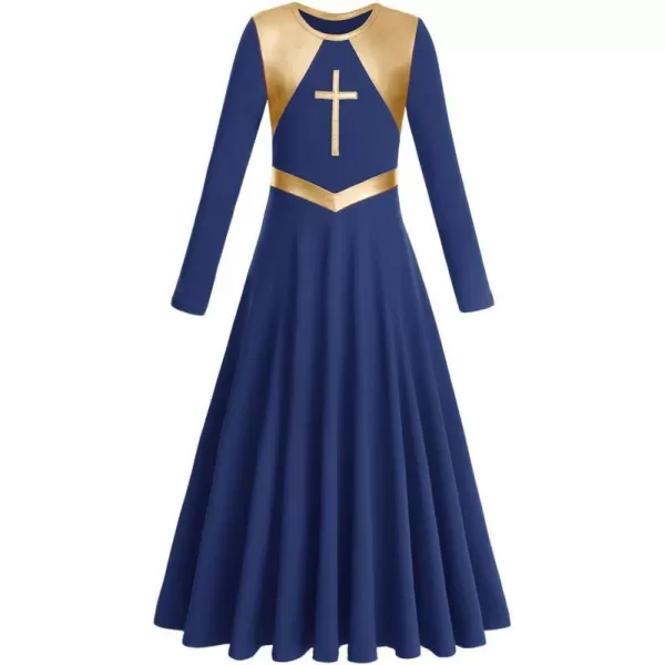 Kids Girls Metallic Cross Praise Dance Dress Liturgical Lyrical Dancewear Color Block Long Sleeve Worship Dance DressesNavy Blue