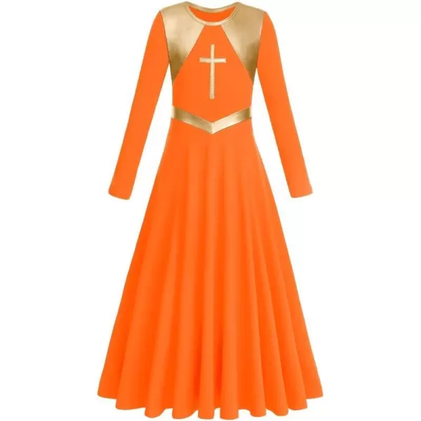 Kids Girls Metallic Cross Praise Dance Dress Liturgical Lyrical Dancewear Color Block Long Sleeve Worship Dance DressesOrange