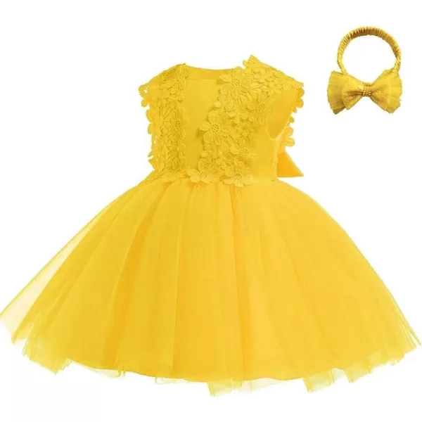 Lace Flower Girl Bowknot Tutu Dress for Kids Baby Christening Baptism Communion Birthday Party Wedding DressesHeadbandYellow