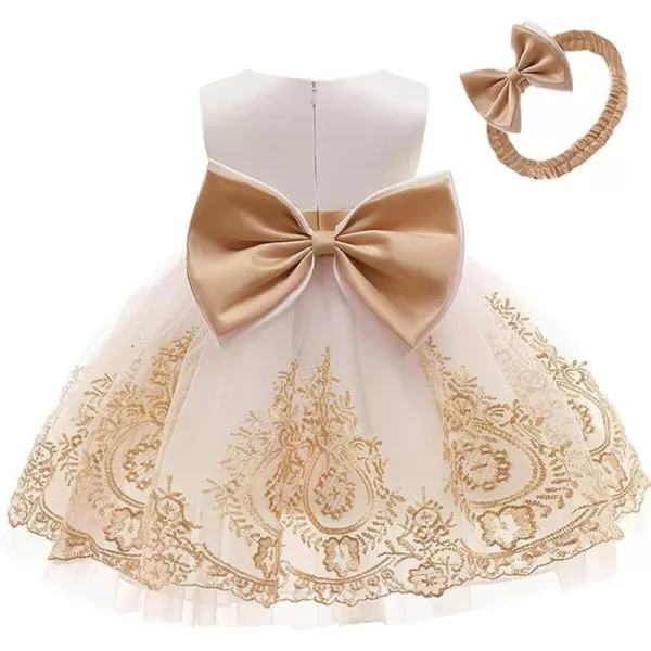 Lace Flower Girl Bowknot Tutu Dress for Kids Baby Christening Baptism Communion Birthday Party Wedding DressesHeadwearApricot