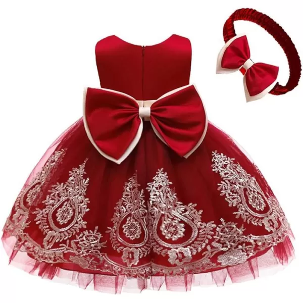 Lace Flower Girl Bowknot Tutu Dress for Kids Baby Christening Baptism Communion Birthday Party Wedding DressesHeadwearDark Red