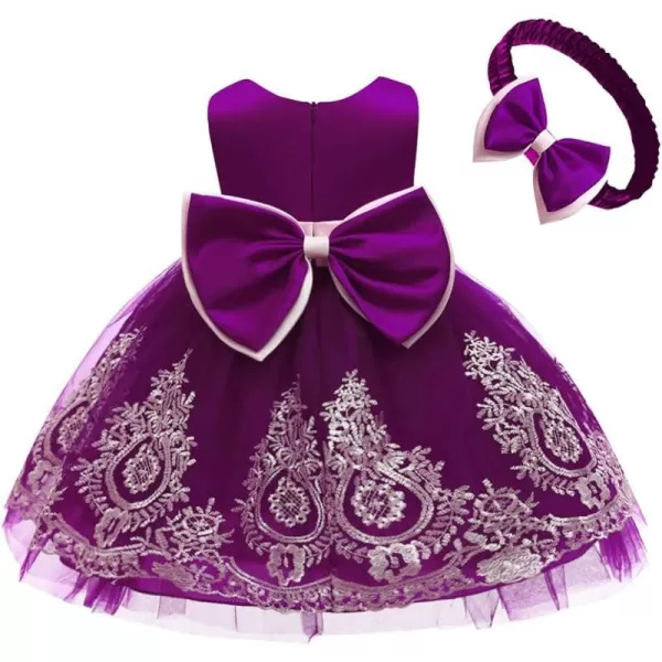 Lace Flower Girl Bowknot Tutu Dress for Kids Baby Christening Baptism Communion Birthday Party Wedding DressesHeadwearPurple