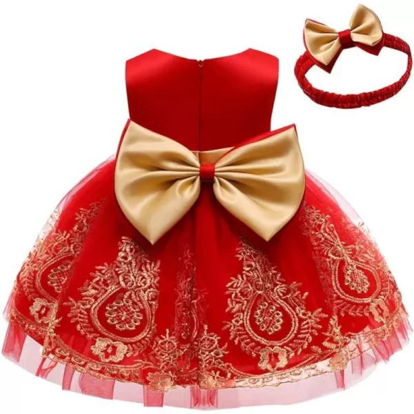 Lace Flower Girl Bowknot Tutu Dress for Kids Baby Christening Baptism Communion Birthday Party Wedding DressesHeadwearRed