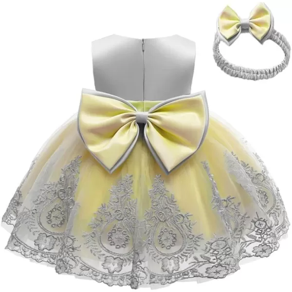 Lace Flower Girl Bowknot Tutu Dress for Kids Baby Christening Baptism Communion Birthday Party Wedding DressesHeadwearYellow  Gray