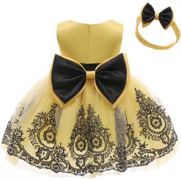 Lace Flower Girl Bowknot Tutu Dress for Kids Baby Christening Baptism Communion Birthday Party Wedding DressesHeadwearYellow