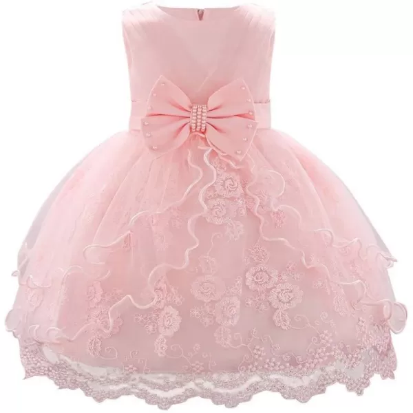 Lace Flower Girls Bowknot Tutu Dress for Baby Infant Christening Baptism Gown Princess Pageant Wedding Party Tulle DressesPink