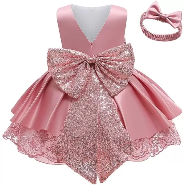 Lace Flower Girls Sequin Bow Tutu Dress for Kids Baby Baptism Communion Birthday Party Formal Wedding DressesHeadwearDusty Pink