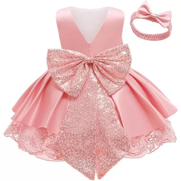 Lace Flower Girls Sequin Bow Tutu Dress for Kids Baby Baptism Communion Birthday Party Formal Wedding DressesHeadwearPink