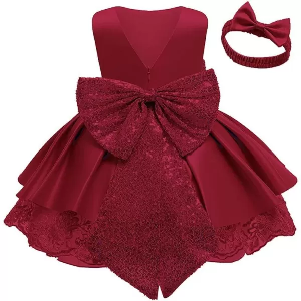 Lace Flower Girls Sequin Bow Tutu Dress for Kids Baby Baptism Communion Birthday Party Formal Wedding DressesHeadwearWine Red