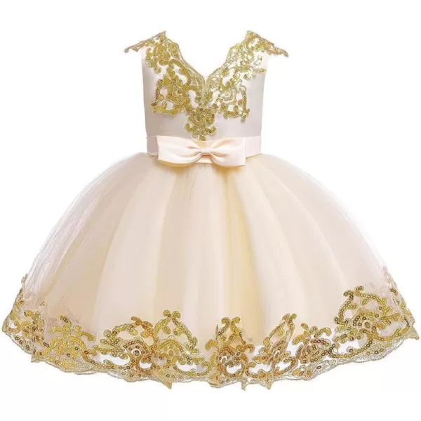 Lace Flower Girls Sequins Bowknot Tutu Dress for Kids Baby Christening Baptism Communion Birthday Party Wedding DressesChampagne