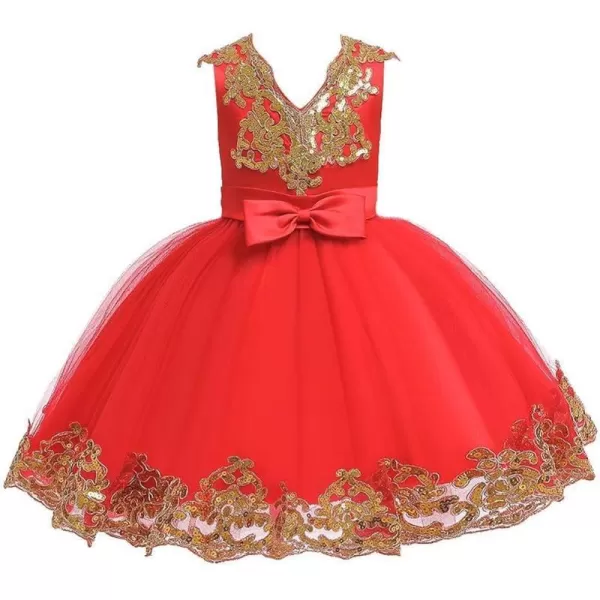 Lace Flower Girls Sequins Bowknot Tutu Dress for Kids Baby Christening Baptism Communion Birthday Party Wedding DressesRed