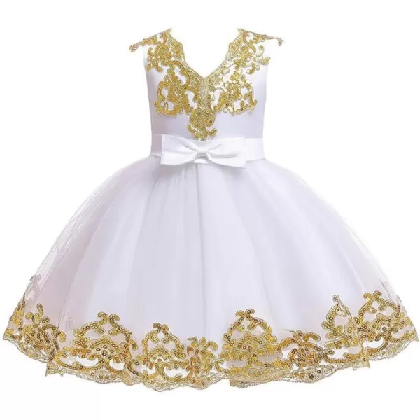 Lace Flower Girls Sequins Bowknot Tutu Dress for Kids Baby Christening Baptism Communion Birthday Party Wedding DressesWhite