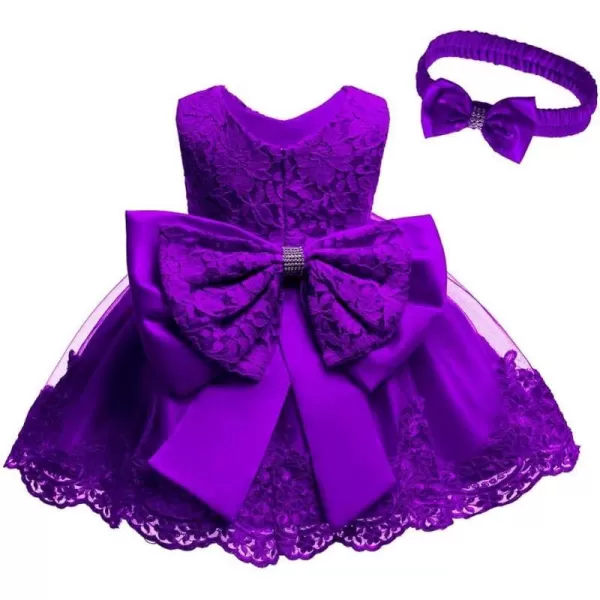 Lace Flower Girls Tutu Dress for Kids Baby Christening Baptism Communion Birthday Party Formal Wedding DressesHeadwearDark Purple