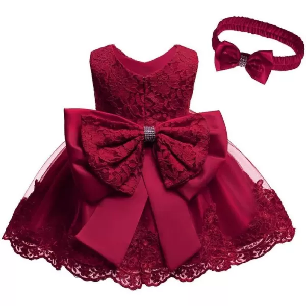 Lace Flower Girls Tutu Dress for Kids Baby Christening Baptism Communion Birthday Party Formal Wedding DressesHeadwearWine Red