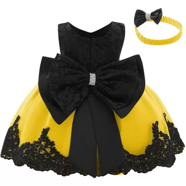 Lace Flower Girls Tutu Dress for Kids Baby Christening Baptism Communion Birthday Party Formal Wedding DressesHeadwearYellow  Black