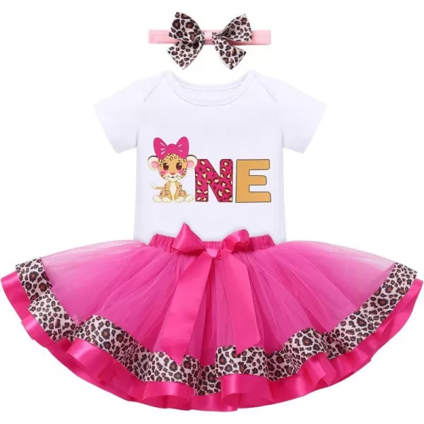 Ladybug Cow Bee 1st Birthday Outfit for Baby Girls Flutter Sleeves Romper Tutu Skirt Headband Bowknot Dress up CostumeHot Pink Leopard  One