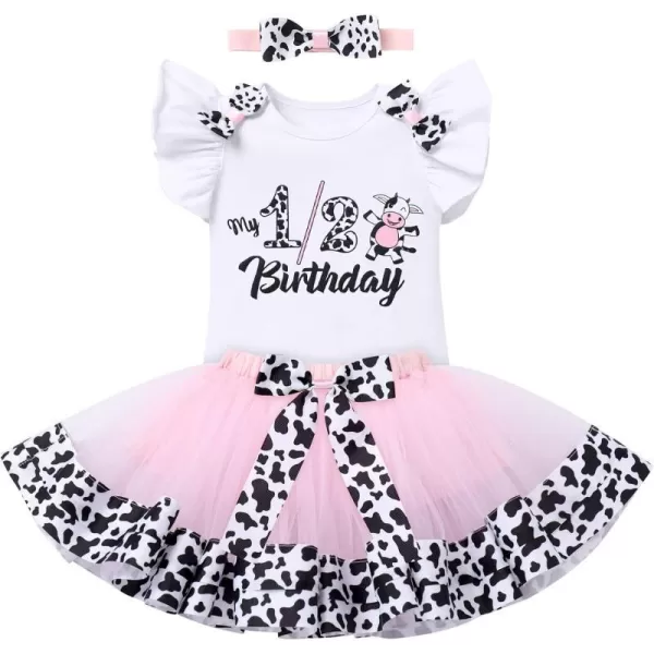 Ladybug Cow Bee 1st Birthday Outfit for Baby Girls Flutter Sleeves Romper Tutu Skirt Headband Bowknot Dress up CostumePink Cow  12 Birthday