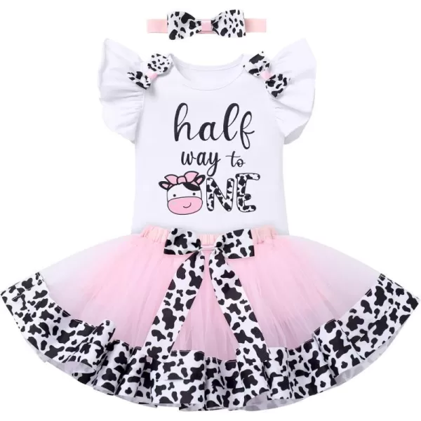 Ladybug Cow Bee 1st Birthday Outfit for Baby Girls Flutter Sleeves Romper Tutu Skirt Headband Bowknot Dress up CostumePink Cow  Half Way to One