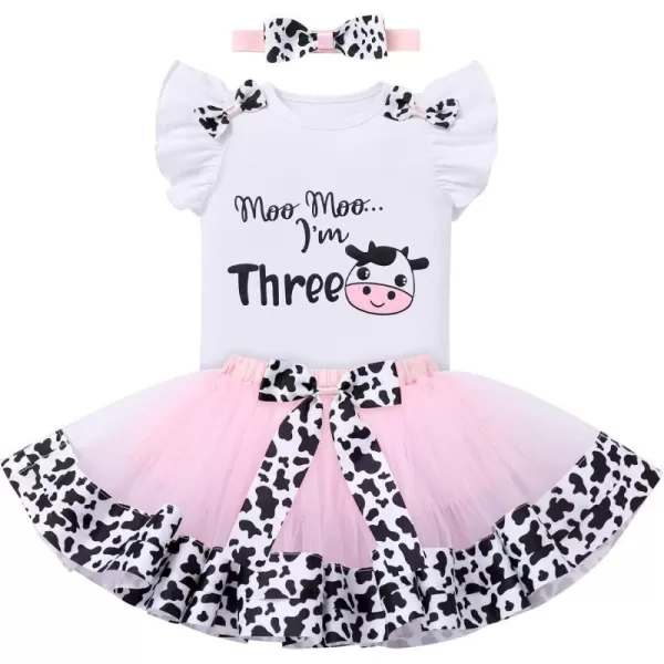 Ladybug Cow Bee 1st Birthday Outfit for Baby Girls Flutter Sleeves Romper Tutu Skirt Headband Bowknot Dress up CostumePink Cow  Three