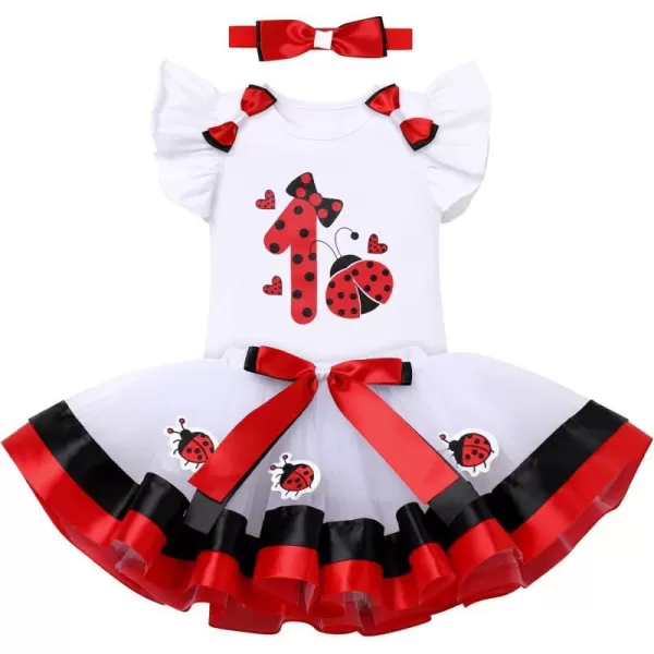 Ladybug Cow Bee 1st Birthday Outfit for Baby Girls Flutter Sleeves Romper Tutu Skirt Headband Bowknot Dress up CostumeRed Ladybug  Bow