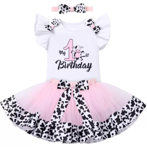 Ladybug Cow Bee 1st Birthday Outfit for Baby Girls Flutter Sleeves Romper Tutu Skirt Headband Bowknot Dress up CostumeWhite Cow  1st Birthday