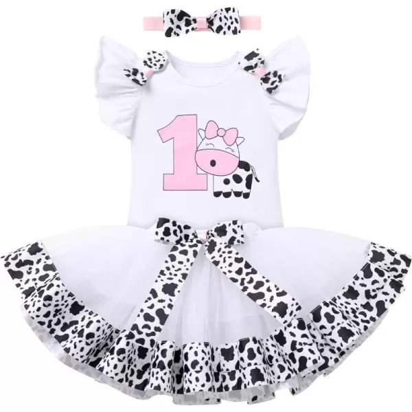 Ladybug Cow Bee 1st Birthday Outfit for Baby Girls Flutter Sleeves Romper Tutu Skirt Headband Bowknot Dress up CostumeWhite Cow  Bow