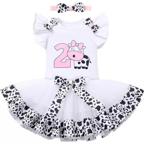 Ladybug Cow Bee 1st Birthday Outfit for Baby Girls Flutter Sleeves Romper Tutu Skirt Headband Bowknot Dress up CostumeWhite Cow  No2