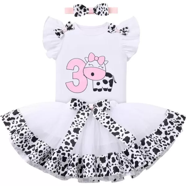 Ladybug Cow Bee 1st Birthday Outfit for Baby Girls Flutter Sleeves Romper Tutu Skirt Headband Bowknot Dress up CostumeWhite Cow  No3