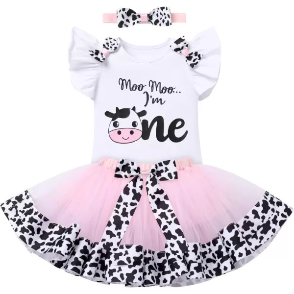 Ladybug Cow Bee 1st Birthday Outfit for Baby Girls Flutter Sleeves Romper Tutu Skirt Headband Bowknot Dress up CostumeWhite Cow  One