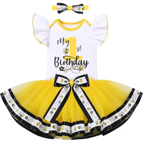 Ladybug Cow Bee 1st Birthday Outfit for Baby Girls Flutter Sleeves Romper Tutu Skirt Headband Bowknot Dress up CostumeYellow Bee 1st Birthday