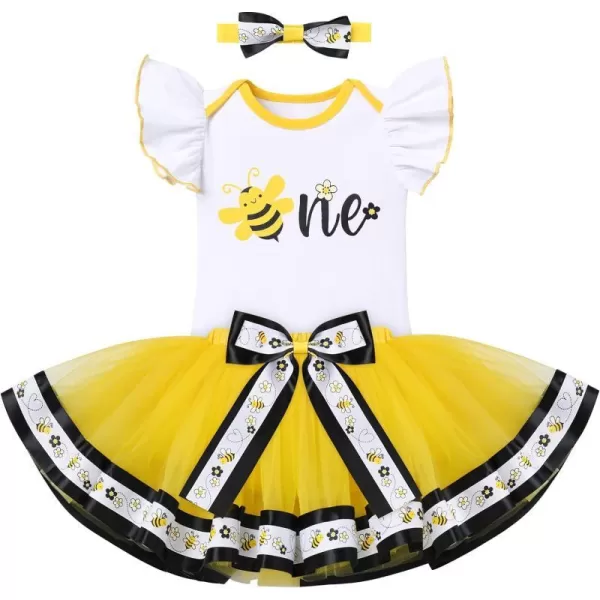 Ladybug Cow Bee 1st Birthday Outfit for Baby Girls Flutter Sleeves Romper Tutu Skirt Headband Bowknot Dress up CostumeYellow Bee One  Bow