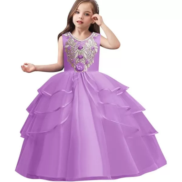 Little Big Girls Flower Lace Long Princess Dress Kids Wedding Bridesmaid Pageant Party Communion Puffy Tulle Ball GownsLight Purple  Sleeveless