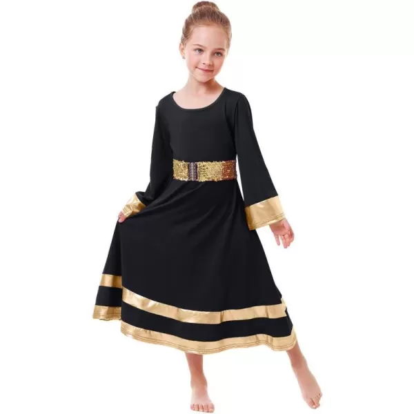 LittleBig Girls Metallic Gold Bell Long Sleeve Praise Dance Dress  Sequins Waistband Liturgical Worship Dancewear SetBlack