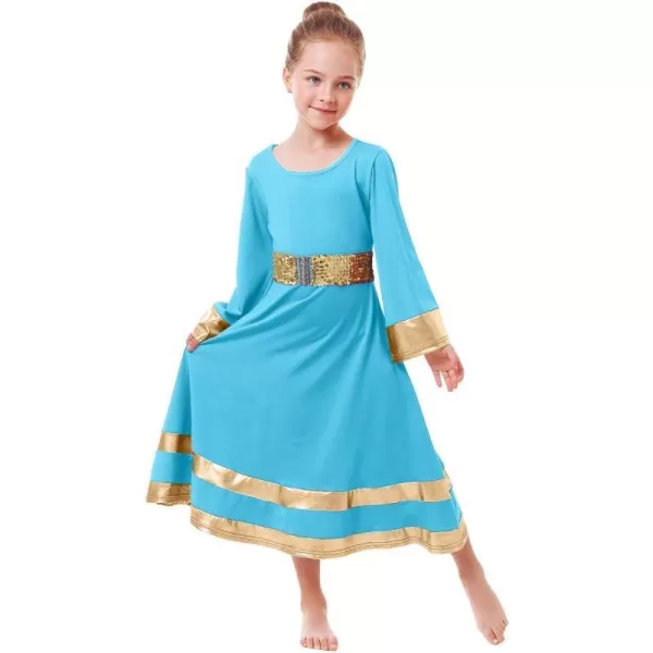 LittleBig Girls Metallic Gold Bell Long Sleeve Praise Dance Dress  Sequins Waistband Liturgical Worship Dancewear SetBlue