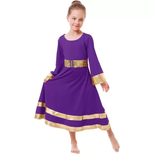 LittleBig Girls Metallic Gold Bell Long Sleeve Praise Dance Dress  Sequins Waistband Liturgical Worship Dancewear SetPurple