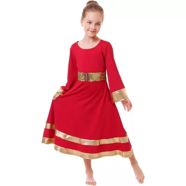 LittleBig Girls Metallic Gold Bell Long Sleeve Praise Dance Dress  Sequins Waistband Liturgical Worship Dancewear SetRed