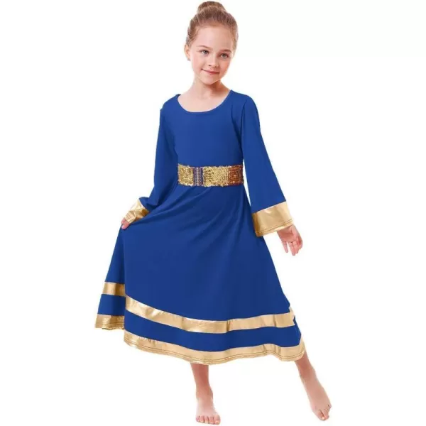 LittleBig Girls Metallic Gold Bell Long Sleeve Praise Dance Dress  Sequins Waistband Liturgical Worship Dancewear SetRoyal Blue