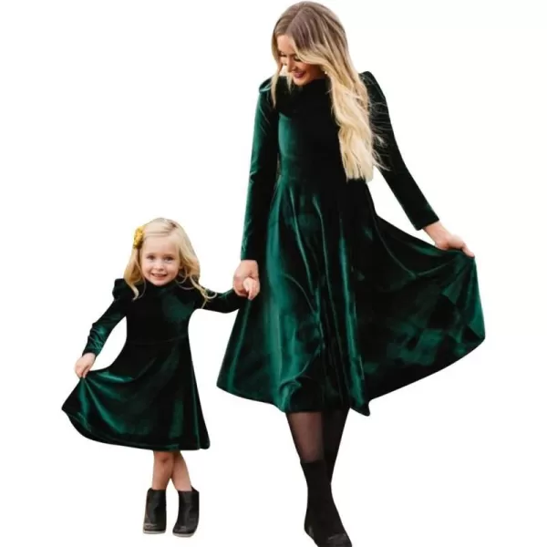 Mommy and Me Dress Ruffle Long Sleeve Casual Christmas Party Velvet Dress Mother Daughter Family Matching Dress ClothesGreen