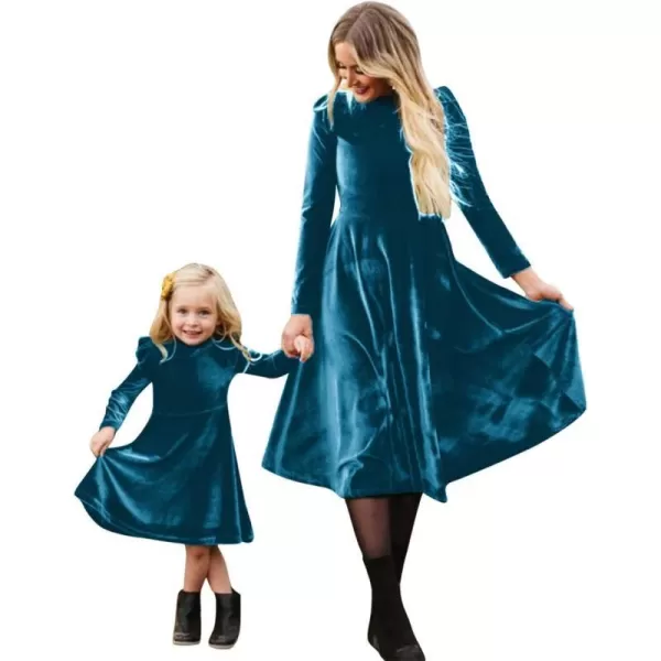 Mommy and Me Dress Ruffle Long Sleeve Casual Christmas Party Velvet Dress Mother Daughter Family Matching Dress ClothesLake Blue