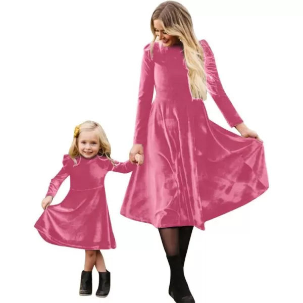 Mommy and Me Dress Ruffle Long Sleeve Casual Christmas Party Velvet Dress Mother Daughter Family Matching Dress ClothesPink