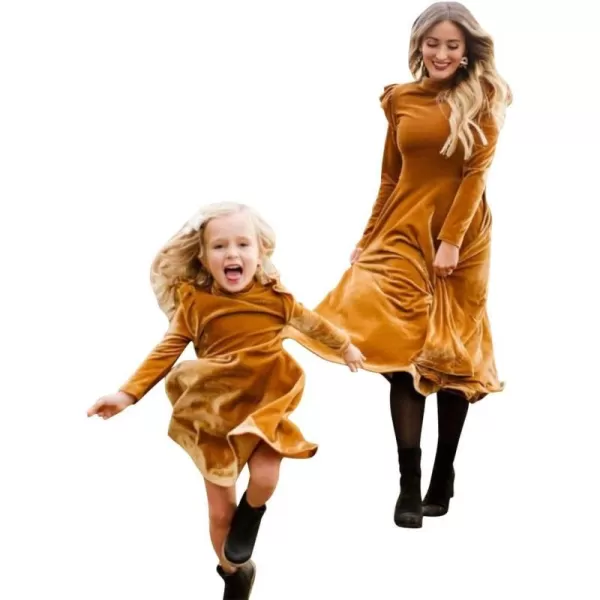 Mommy and Me Dress Ruffle Long Sleeve Casual Christmas Party Velvet Dress Mother Daughter Family Matching Dress ClothesYellow