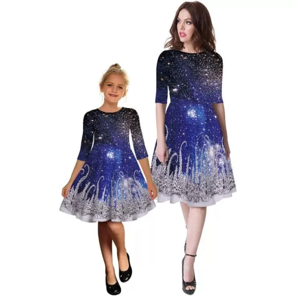 Mother Daughter Christmas Dress for Women Girls Xmas Holiday Cocktail Party Dresses Mommy and Me Family Matching OutfitBlue Galaxy