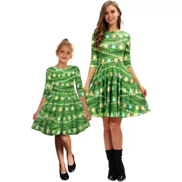 Mother Daughter Christmas Dress for Women Girls Xmas Holiday Cocktail Party Dresses Mommy and Me Family Matching OutfitGreen Led Lights