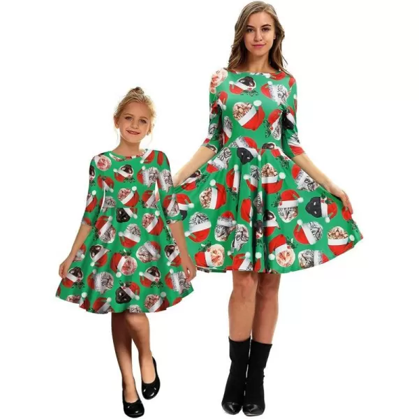 Mother Daughter Christmas Dress for Women Girls Xmas Holiday Cocktail Party Dresses Mommy and Me Family Matching OutfitGreen Santa Cat