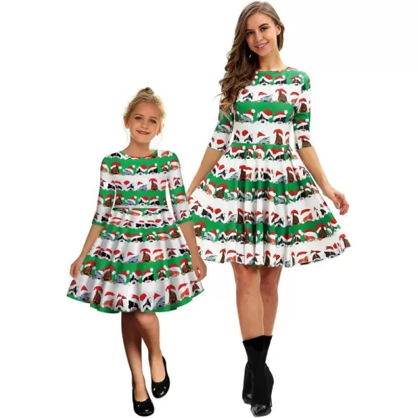 Mother Daughter Christmas Dress for Women Girls Xmas Holiday Cocktail Party Dresses Mommy and Me Family Matching OutfitGreen Santa Cat Striped