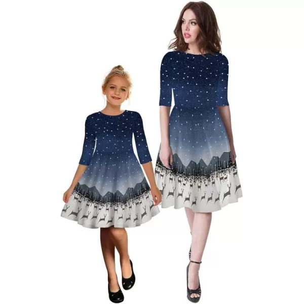 Mother Daughter Christmas Dress for Women Girls Xmas Holiday Cocktail Party Dresses Mommy and Me Family Matching OutfitNavy Blue Galaxy