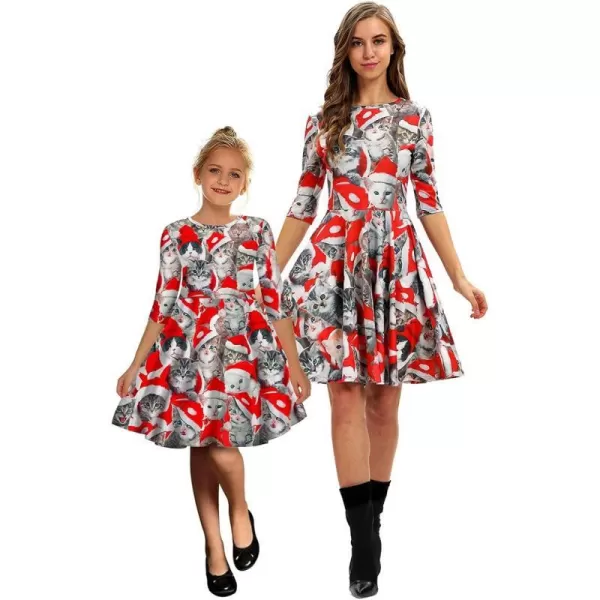 Mother Daughter Christmas Dress for Women Girls Xmas Holiday Cocktail Party Dresses Mommy and Me Family Matching OutfitRed Santa Cat