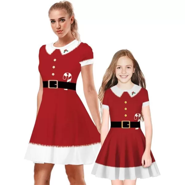 Mother Daughter Christmas Dress for Women Girls Xmas Holiday Cocktail Party Dresses Mommy and Me Family Matching OutfitRed Santa Claus