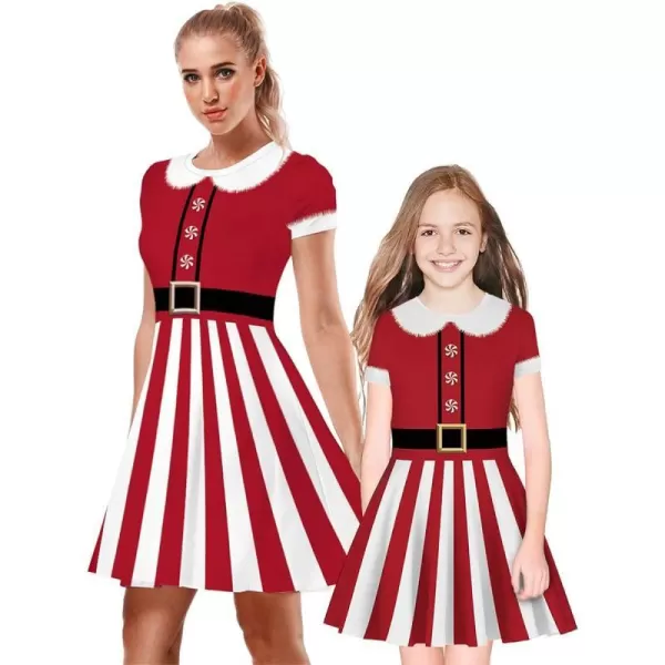 Mother Daughter Christmas Dress for Women Girls Xmas Holiday Cocktail Party Dresses Mommy and Me Family Matching OutfitRed Santa Claus Striped